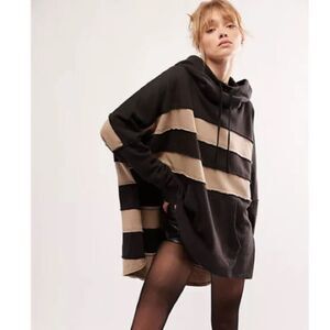 Free People Black & Brown Spotted In Stripes Hoodie S